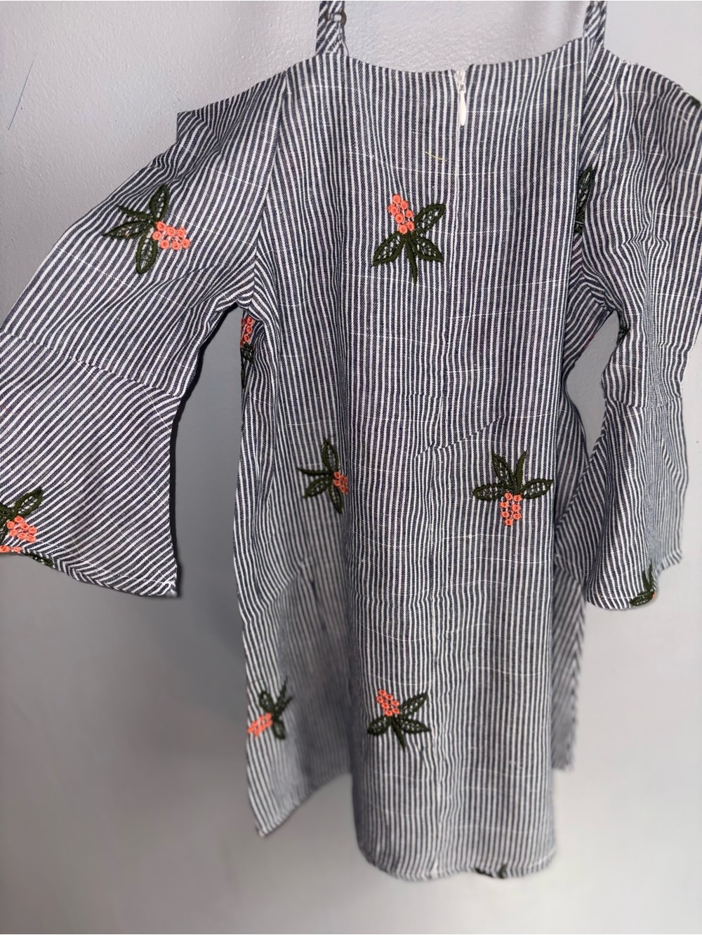 Hayden Blue & White Striped Off-Shoulder Dress with Red Floral Embroidery